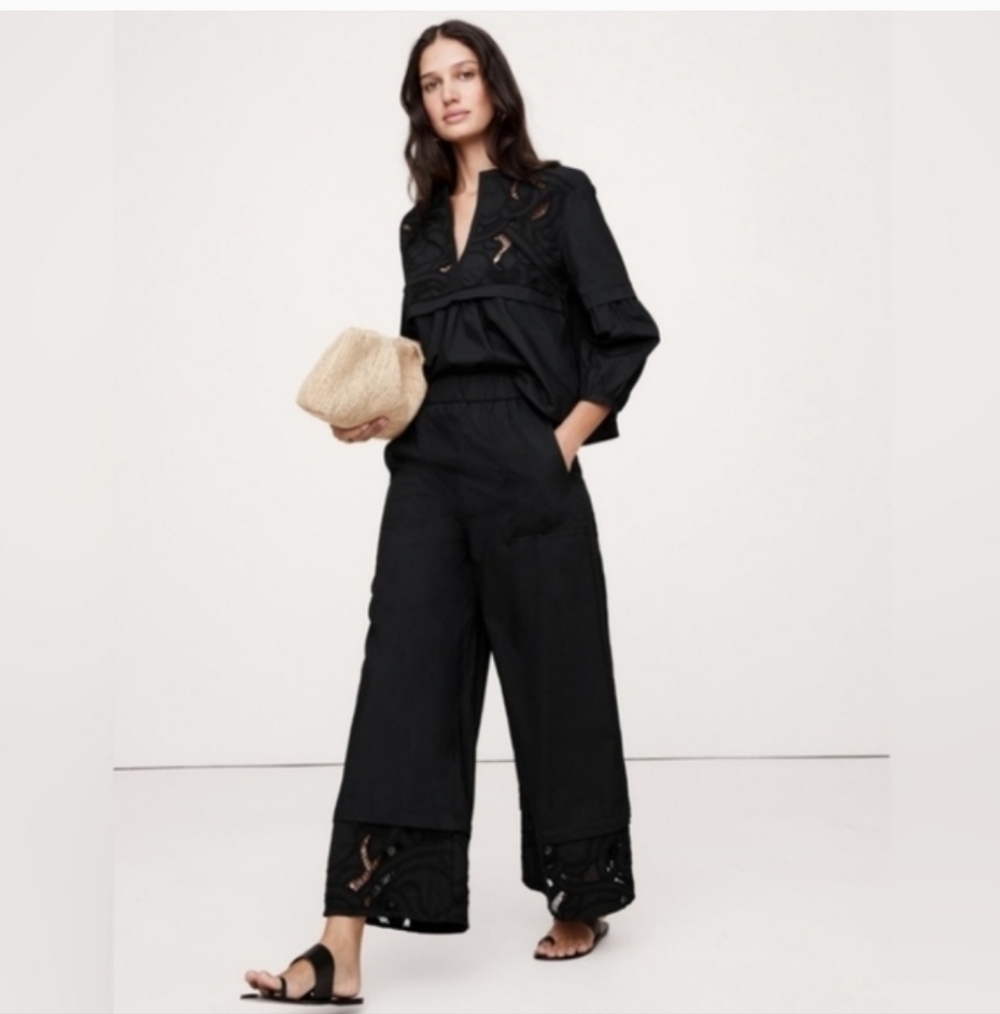 Banana Republic High-Rise Wide-Leg Embroidered Cotton Poplin Cropped Pants Black